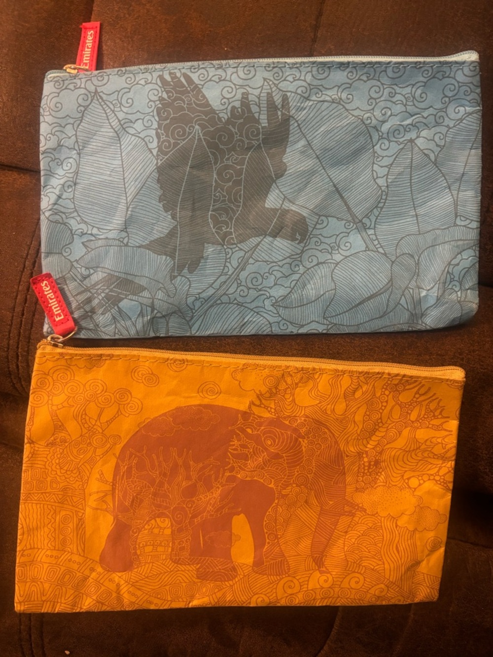 Emirates Blue and Mustard Zip Reusable, Wildlife-themed Amenity Kits (pouches)